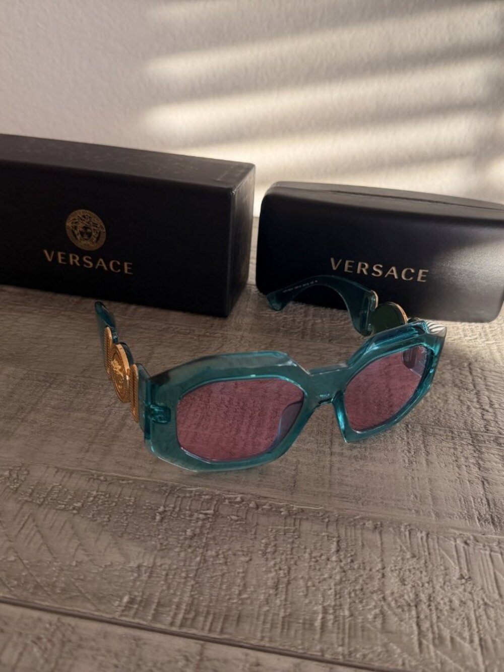 Versace Teal Square Sunglasses Gold Medusa Pink Lenses with Case & Box